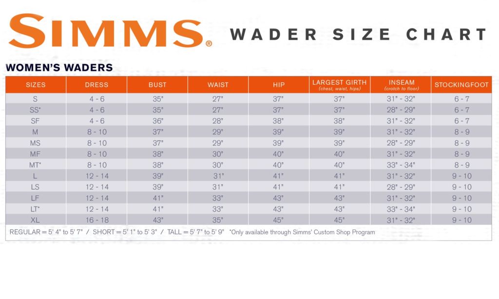 Bone Dry Waders Size Chart