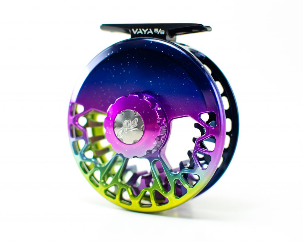 Side view of the Abel Vaya Fly Reel northern lights fade
