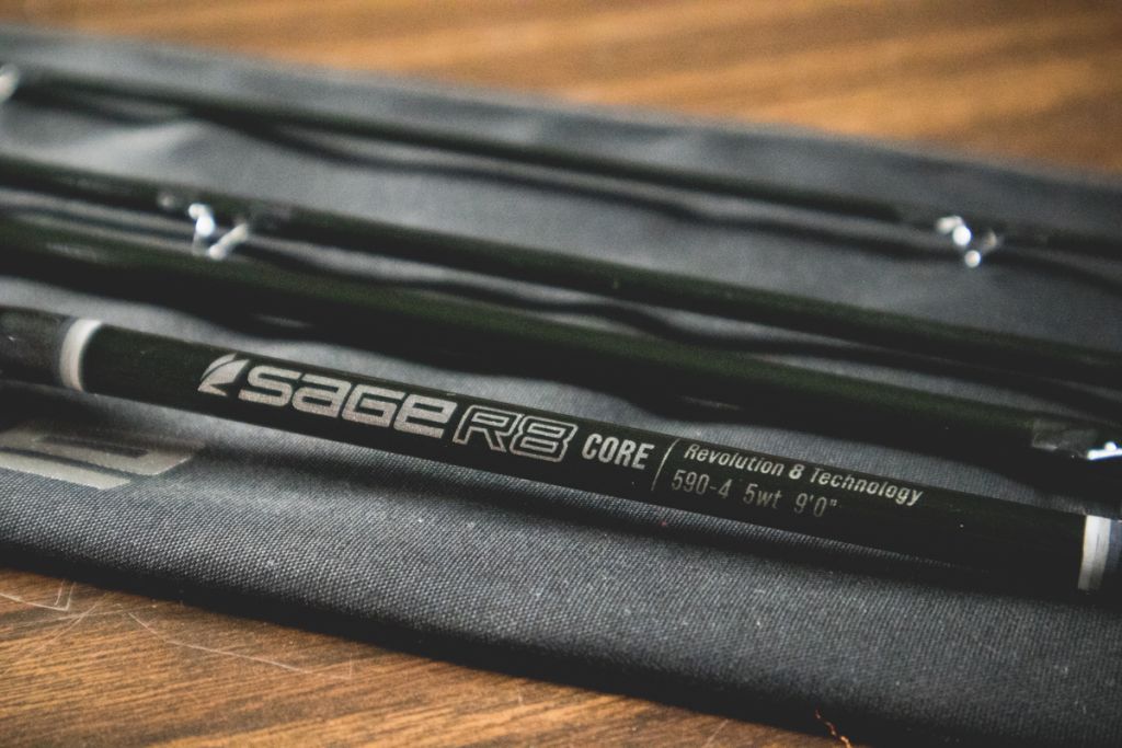 Sage R8 Core Fly Rod review: close up of rod blank and rod weight label.
